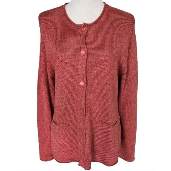 Eileen Fisher Silk Blend Knit Cardigan Fresa Round Neck Sweater Jacket Pink Sz L - Picture 2 of 10